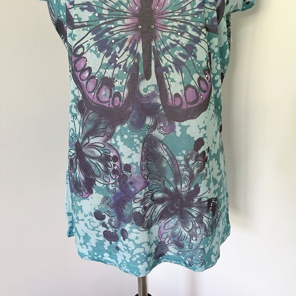 Y2K Sheer Butterfly Short Sleeve T-Shirt Womens Large V-Neck Burnout Colorful L - Picture 4 of 16